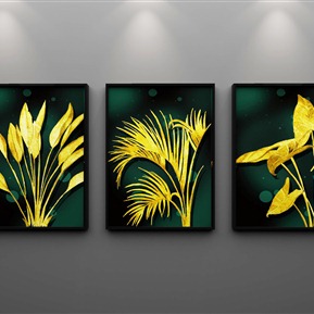 现代 植物画 晶瓷发财树动物麋鹿金鱼三联装饰画