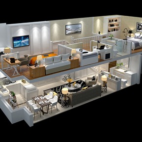 简欧 鸟瞰图 别墅两层半鸟瞰整体家装沙发摆件床桌子