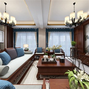 新中式 客餐厅 全景客厅书房