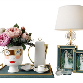 现代 摆件组合 金色表情人脸花瓶摆件