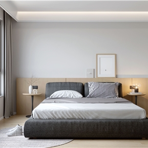 现代 卧室 布艺双人床 床头柜 台灯 装饰摆件 装饰画组合