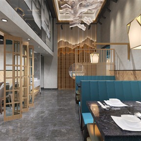 新中式 餐厅 火锅店 餐饮空间 餐桌椅 吊灯 摆件 装饰品