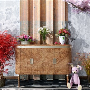 新中式 边柜 端景柜 盆栽 背景墙