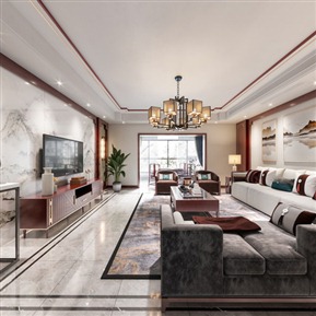 新中式 客餐厅 沙发 茶几 圆形餐桌椅 吊灯 电视柜 墙饰挂画 壁灯