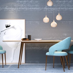 后现代 餐桌椅组合 餐桌餐椅 装饰画 吊灯