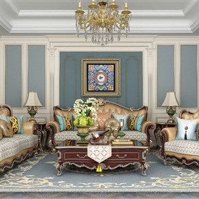 欧式 沙发茶几组合 皮革沙发茶几吊灯组合