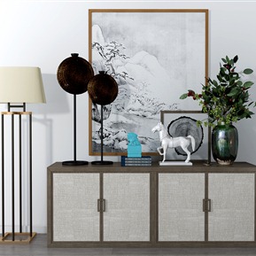 新中式 边柜 装饰柜边柜装饰品装饰画组合