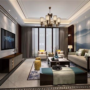 新中式 客厅 客厅沙发电视柜吊灯组合