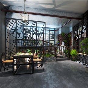 工业LOFT  餐厅 楼梯与水景区