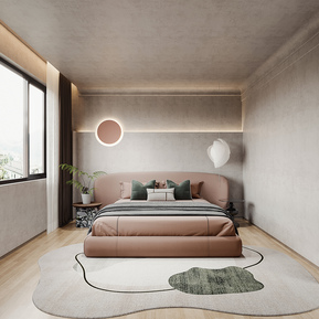 侘寂 卧室 主卧室 双人床 床头背景 床头吊灯 绿植盆栽