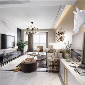 轻奢 客厅 客餐厅 沙发茶几组合 吊灯 摆件