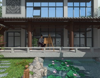 中式 庭院 庭院景观全景