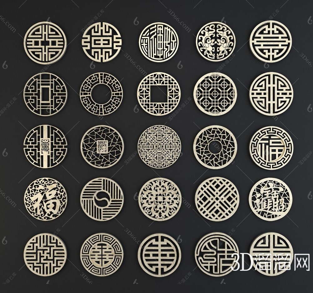 新中式中式圆形窗花3d模型下载