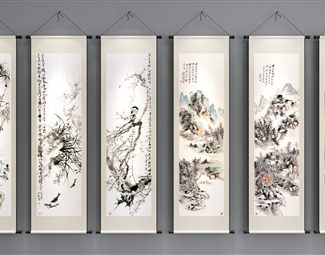 中式 风景画 梅兰竹菊卷轴挂画