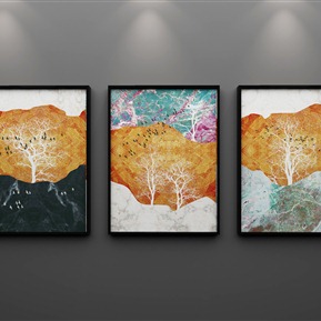 现代 装饰画 客厅手绘抽象金色梦幻森林三联装饰画
