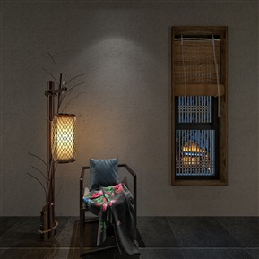 新中式 休闲椅 灯笼竹子落地灯椅子芦苇帘子