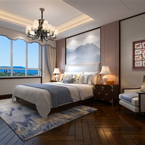 新中式 卧室 主卧室床头柜台灯电视柜吊灯卫生间手盆柜