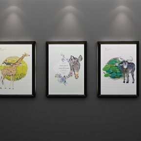 现代 卡通画 简约卡通小鸟爱情鸟装饰画羽毛三联画