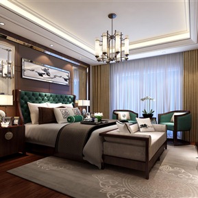 新中式 卧室 格卧室床床头柜装饰画电视柜吊灯组合