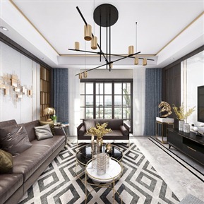 轻奢 客餐厅 客厅全景 客厅 餐厅 皮革沙发 餐桌椅 吊灯 电视柜 摆件 饰品