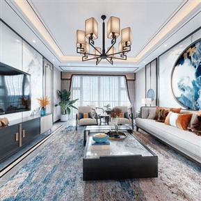 新中式 客餐厅 客餐厅厨房吧台门厅全景