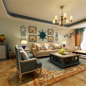 地中海 客厅 客厅沙发茶几装饰画组合