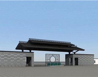 新中式学校入口大门3d模型下载