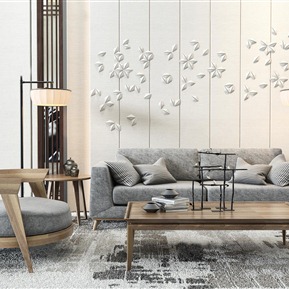 新中式 沙发茶几组合 沙发背景茶几休闲椅落地灯组合