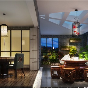 新中式 阳台 花园