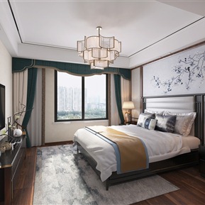 新中式 卧室 主卧室 双人床品组合 床头柜 台灯 吊灯 电视柜 摆件 窗帘