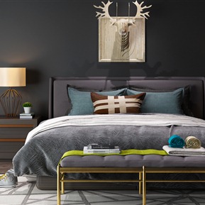 现代 双人床  床床头柜装饰画组合