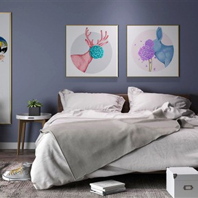 北欧 双人床  床床头柜装饰画组合