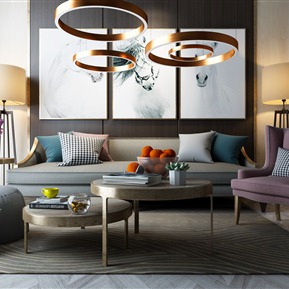 现代 沙发茶几组合  沙发茶几装饰画吊灯组合