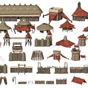 现代 原始营地 古代原始村落茅草屋房子木栅栏帐篷建筑