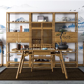 新中式 书桌椅  书桌 书架组合