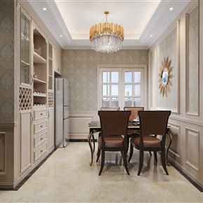 简欧 餐厅 餐桌椅 吊灯 摆件 酒柜