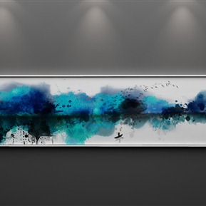 新中式 风景画 抽象水墨山水床头装饰画横版画