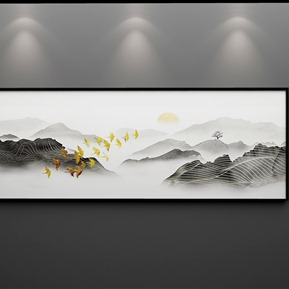 新中式 风景画 抽象线条麋鹿山水床头装饰画晶瓷画