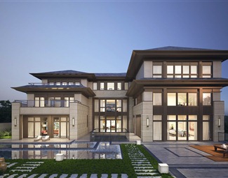 中式室外别墅建筑效果3d模型下载