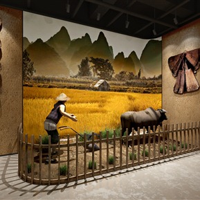 中式 展厅 博物馆展厅牛耕田农作物古代人农夫