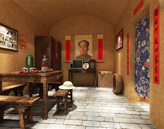 中式 餐厅 农耕农村民俗馆老物件老电视暖壶缝纫机老桌子火炕煤油灯盆架老钟表