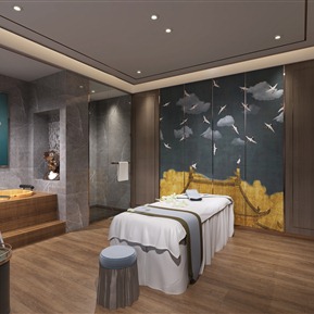 新中式 spa 美容院包间 按摩床 休闲椅 摆件 挂画