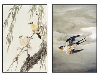 新中式新中式清雅精致禅意柳树飞鸟图案挂画组合