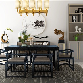 新中式 餐桌椅组合 餐桌吊灯装饰柜装饰品组合