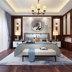 新中式 卧室 卧室床背景床