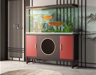 新中式 鱼缸 水族箱 玻璃鱼缸 热带景观 热带鱼 金鱼 水草 边柜