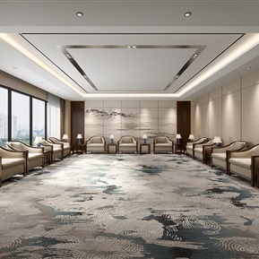 新中式 接待室 沙发 皮革座椅 台灯 边几 地毯