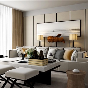 新中式 沙发茶几组合 沙发茶几灯装饰画组合