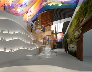现代 展厅 人物剪影景墙桃园生活