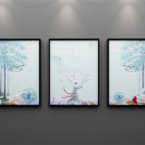 北欧 植物画 简约吉祥树麋鹿花朵装饰画三联无框画